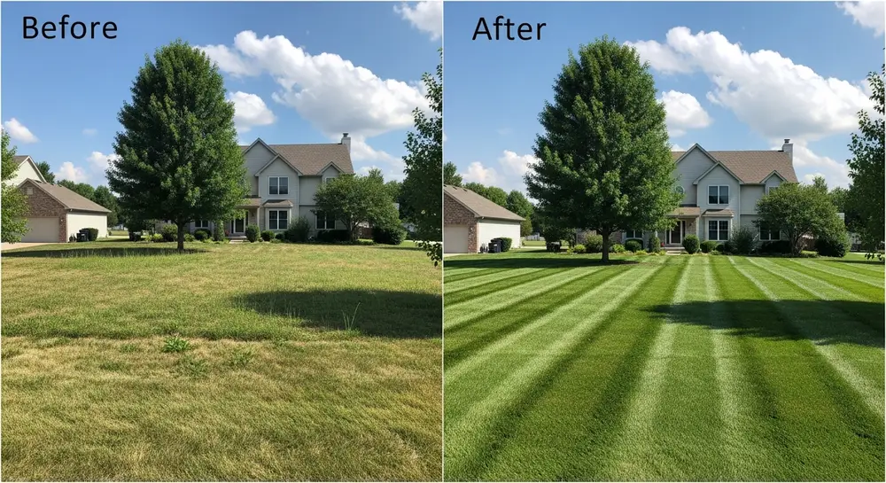 Professionally mowed and striped residential lawn in Manhattan, KS
