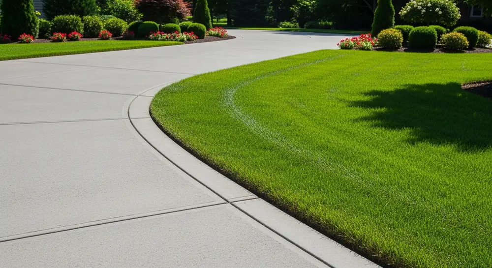 Crisply edged driveway border showing professional lawn edging work