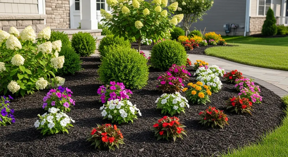 Freshly mulched garden beds with trimmed ornamental shrubs