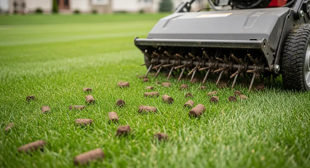 Core aeration in progress on a residential lawn