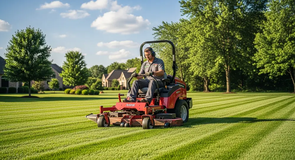 Brockman Lawn Care team mowing a residential lawn in Manhattan, KS